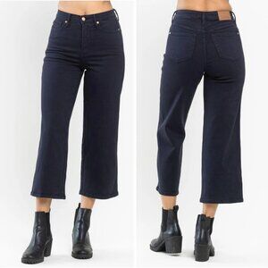 Judy Blue High Waist Tummy Control Garment Dyed Wide Leg Crop Navy Jeans